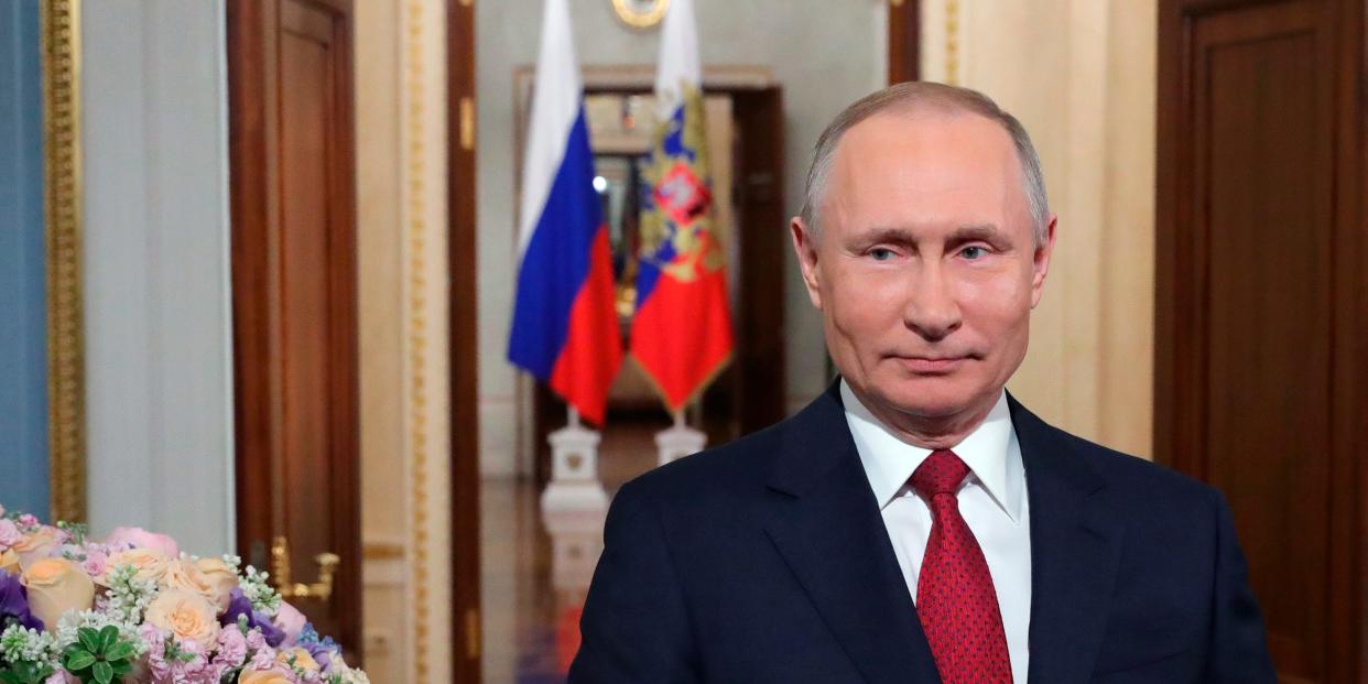 Russian President Vladimir Putin speaks to celebrate International Women's Day, in Moscow, Russia, Sunday, March 8, 2020. International Women's Day on March 8 is an official holiday in Russia, where men traditionally give flowers and gifts to female relatives, friends and colleagues. (Mikhail Klimentyev, Sputnik, Kremlin Pool Photo via AP)