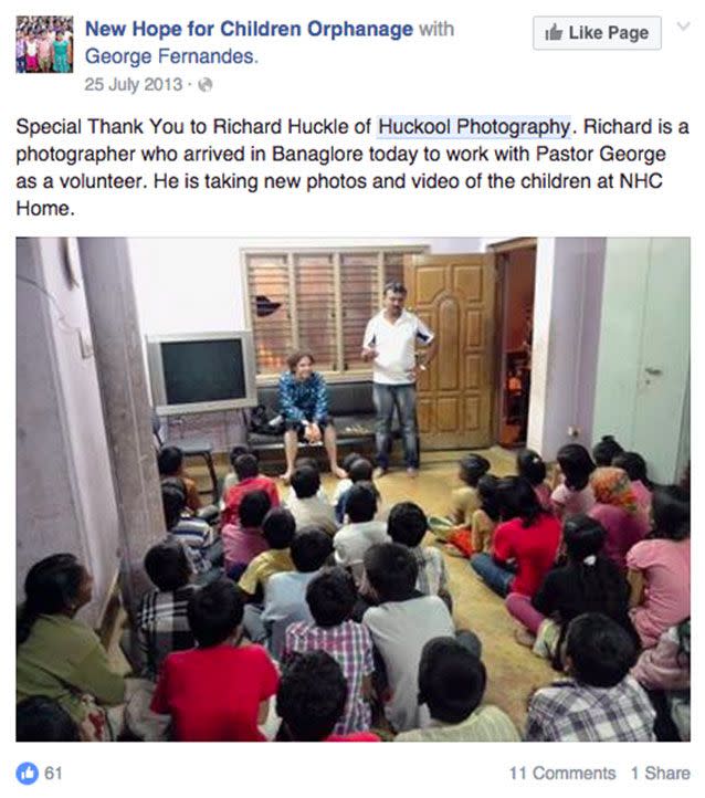 Richard Huckle (seated) was praised on social media for volunteering his skills as a professional photographer at a Christian orphanage. Picture: Facebook