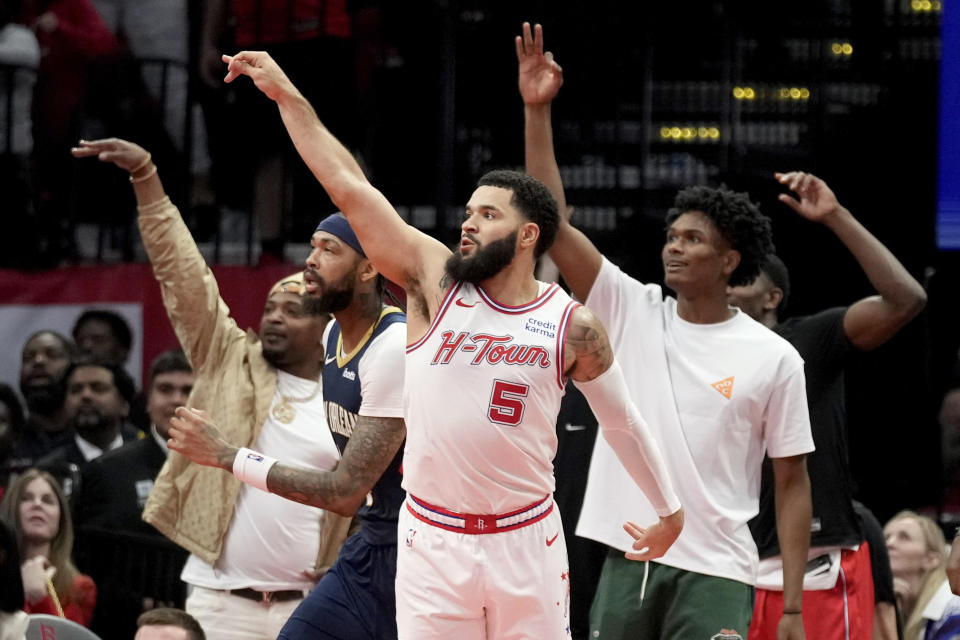 Houston Rockets guard Fred VanVleet (5) watches his 3-point basket against the New Orleans Pelicans during the second half of an NBA basketball in-season tournament game Friday, Nov. 10, 2023, in Houston. (AP Photo/Eric Christian Smith)