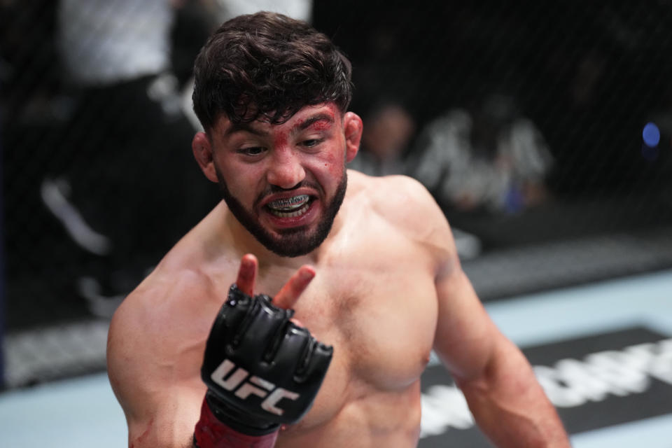 LAS VEGAS, NEVADA - FEBRUARY 26: Arman Tsarukyan of Armenia reacts after his victory over Joel Alvarez of Spain in their lightweight fight during the UFC Fight Night event at UFC APEX on February 26, 2022 in Las Vegas, Nevada. (Photo by Chris Unger/Zuffa LLC)