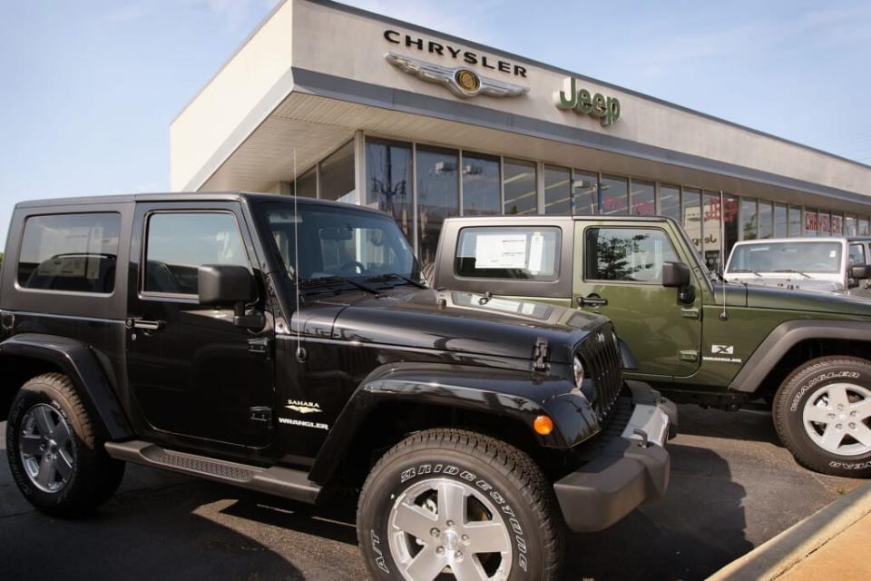 SKOKIE, IL – JULY 01: Jeeps built by Chrysler sit on the lot at a dealership July 1, 2008 in Skokie, Illinois. Chrysler LLC reported a 36 percent drop to 117,457 vehicles from 183,347 in June 2007, with light trucks and sport utility sales getting hit the hardest. (Photo by Scott Olson/Getty Images)