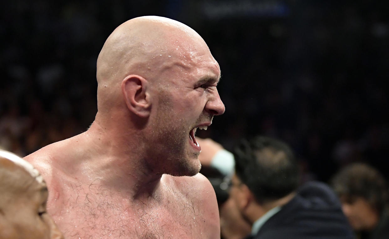 Tyson Fury, of England, yells after his WBC heavyweight championship boxing match against Deontay Wilder on Dec. 1, 2018, in Los Angeles. The fight ended in a draw. (AP Photo/Mark J. Terrill)