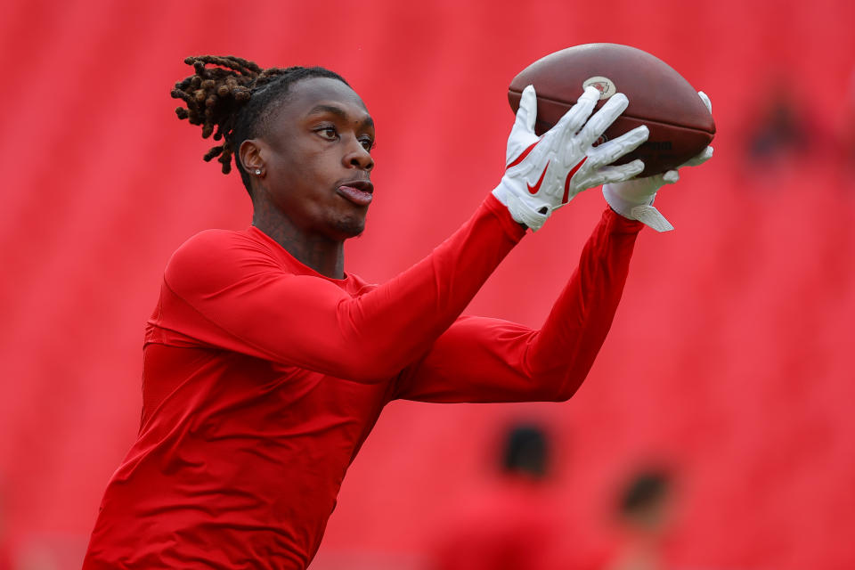 Xavier Worthy scoorde een touchdown bij zijn eerste NFL-touch. (Foto door David Eulitt/Getty Images)