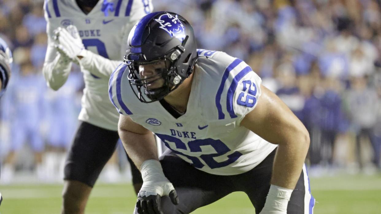 Duke offensive lineman Graham Barton lines up against North Carolina.