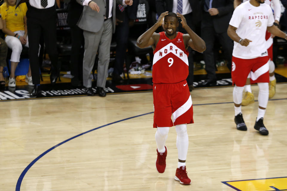 Serge Ibaka #9 of the Toronto Raptors celebrates his teams victory over the Golden State Warriors to win Game Six of the 2019 NBA Finals at ORACLE Arena on June 13, 2019 in Oakland, California. (Photo by Lachlan Cunningham/Getty Images)