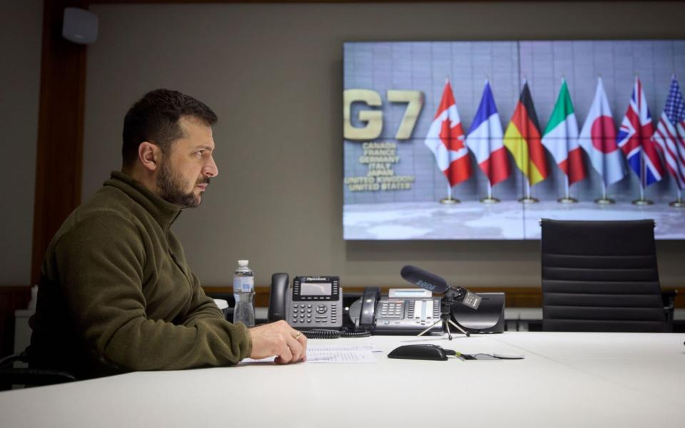 Volodymyr Zelensky speaking to G7 leaders on Tuesday - EPA