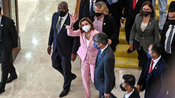 PHOTO: House of Representatives Speaker Nancy Pelosi waves after attending a meeting with Malaysia's Parliament Speaker Azhar Azizan Harun at Malaysian Houses of Parliament in Kuala Lumpur, Malaysia, Aug. 2, 2022.  (Malaysian Dept. of Information via Reuters)