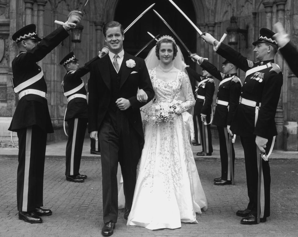 Viscount Althorp and the Hon Frances Roche at Westminster Abbey, 1st June 1954.