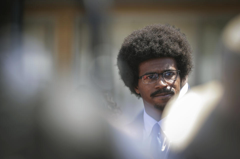 Tennessee State Rep. Justin Pearson attends a rally at the National Civil Rights Museum on Wednesday, April 12, 2023 in Memphis, Tenn. The Shelby County Board of Commissioners voted 7-0 to reinstate Pearson as a state representative.(Patrick Lantrip/Daily Memphian via AP)