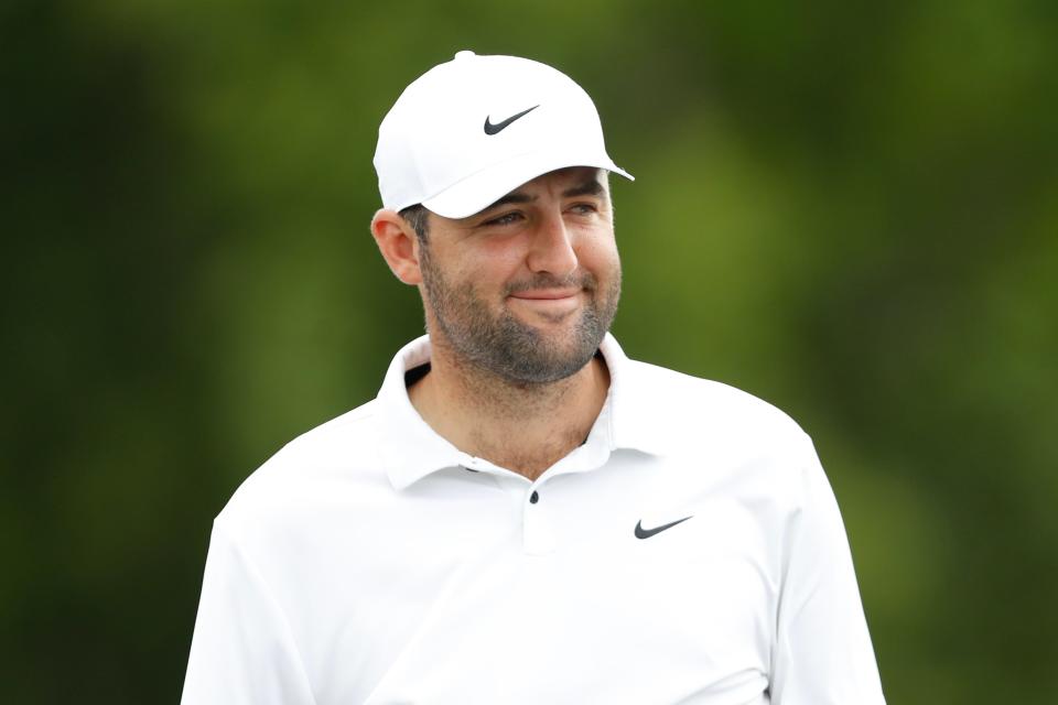 HOUSTON, TEXAS - MARCH 30: Scottie Scheffler of the United States reacts on the first tee during the third round of the Texas Children's Houston Open at Memorial Park Golf Course on March 30, 2024 in Houston, Texas. (Photo by Raj Mehta/Getty Images)