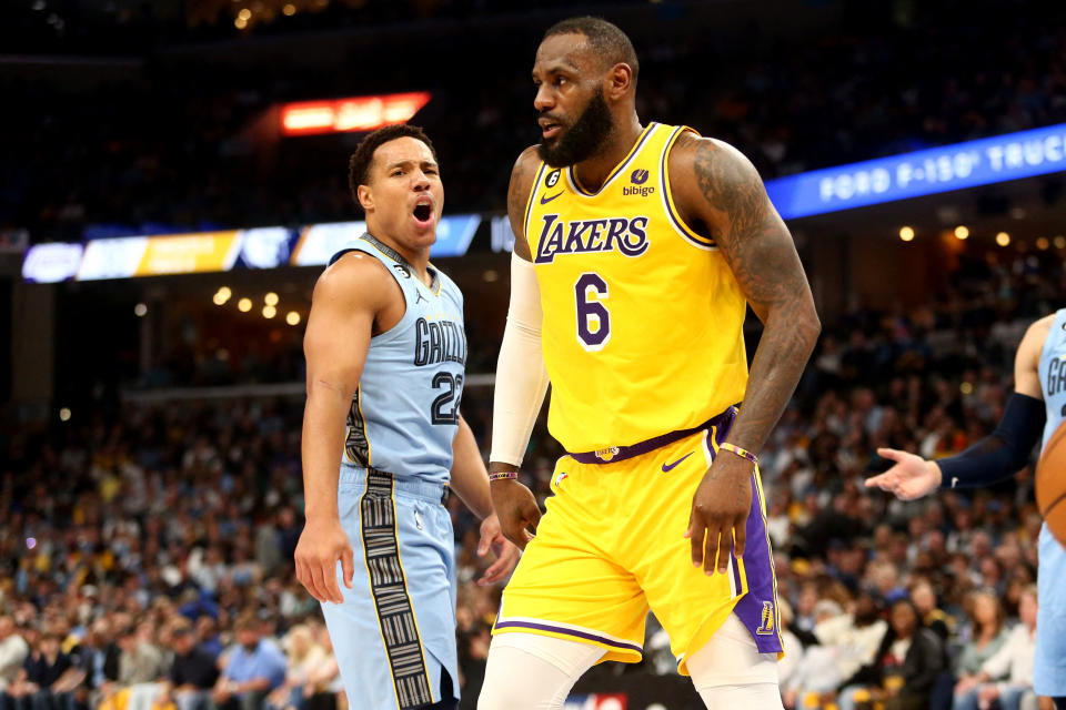 Memphis guard Desmond Bane and Los Angeles Lakers forward LeBron James react after a foul call during the first half of Game 5 in their NBA playoffs series at FedExForum in Memphis, Tennessee, on April 26, 2023. (Petre Thomas/USA TODAY Sports)