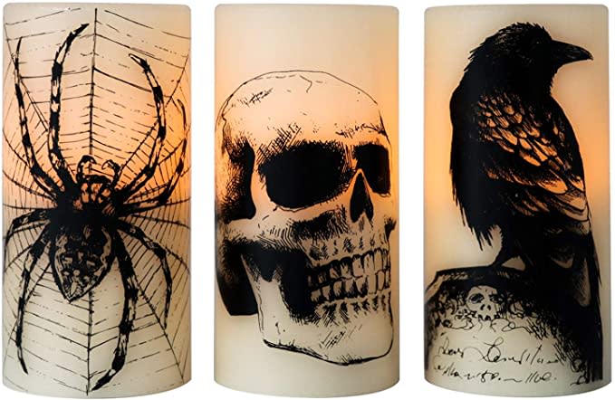 halloween decor skull candle, spider candle and raven candle