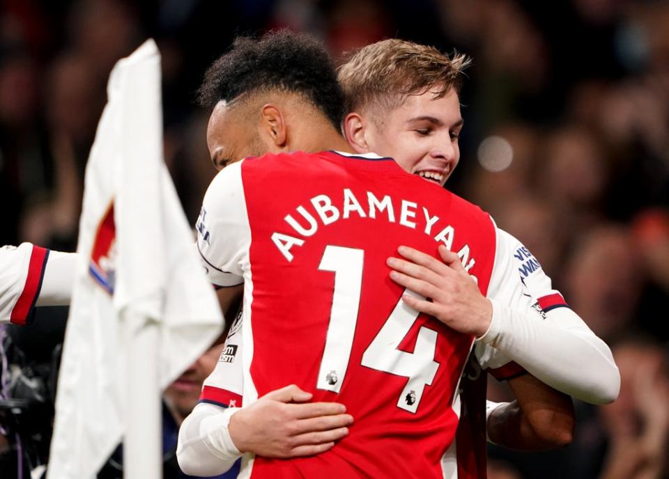 Arsenal goalscorers Pierre-Emerick Aubameyang, left, and Emile Smith Rowe celebrate (Zac Goodwin/PA) (PA Wire)