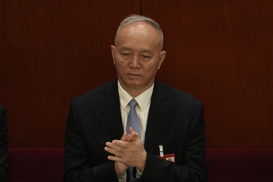 Politburo Standing Committee member Cai Qi attends a session of China's National People's Congress (NPC) at the Great Hall of the People in Beijing, Tuesday, March 7, 2023. As leader of the capital since 2017, Cai Qi oversaw the 2022 Beijing Winter Olympics amid the COVID-19 pandemic, which has been celebrated by the party as a victory. Cai, 67, also oversaw the forcible eviction of thousands of migrant workers from rundown urban neighborhoods and kept COVID cases relatively low in Beijing without enacting the harsh measures seen in Shanghai and elsewhere. (AP Photo/Ng Han Guan)