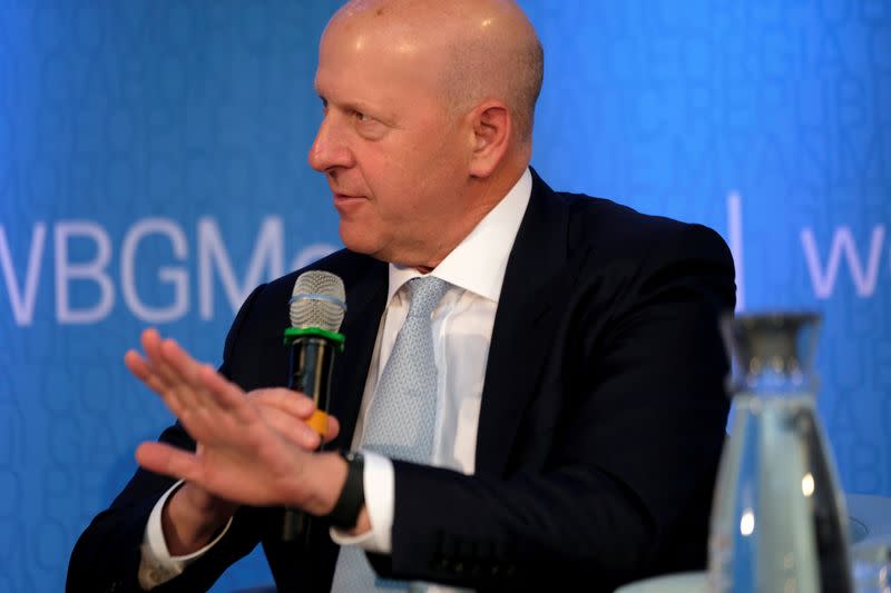 Goldman Sachs CEO David Solomon speaks on a panel at the annual meetings of the International Monetary Fund and World Bank in Washington