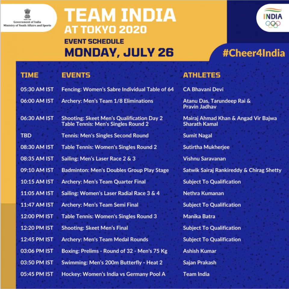 India's schedule for Monday (Courtesy: SAI Media)