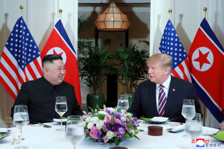 North Korea's leader Kim Jong Un and U.S. President Donald Trump meet during the second U.S.-North Korea summit in Hanoi, Vietnam, in this photo released on February 28, 2019 by North Korea's Korean Central News Agency (KCNA). KCNA via REUTERS