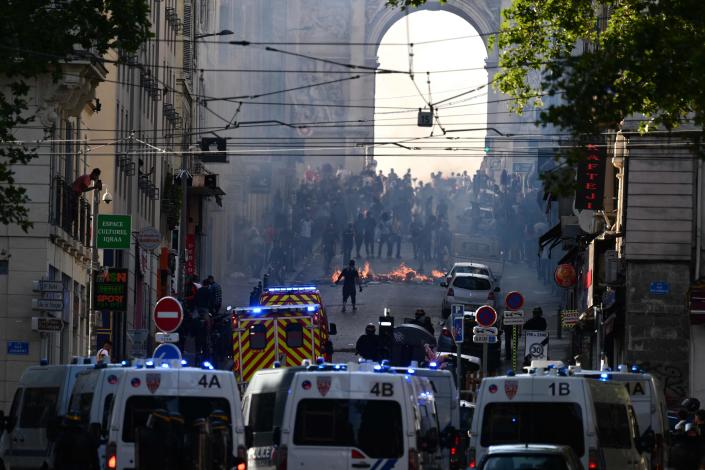 Protesters clash with CRS riot police at the Porte d&#39;Aix in Marseille, southern France on 30 June 2023 (AFP via Getty Images)