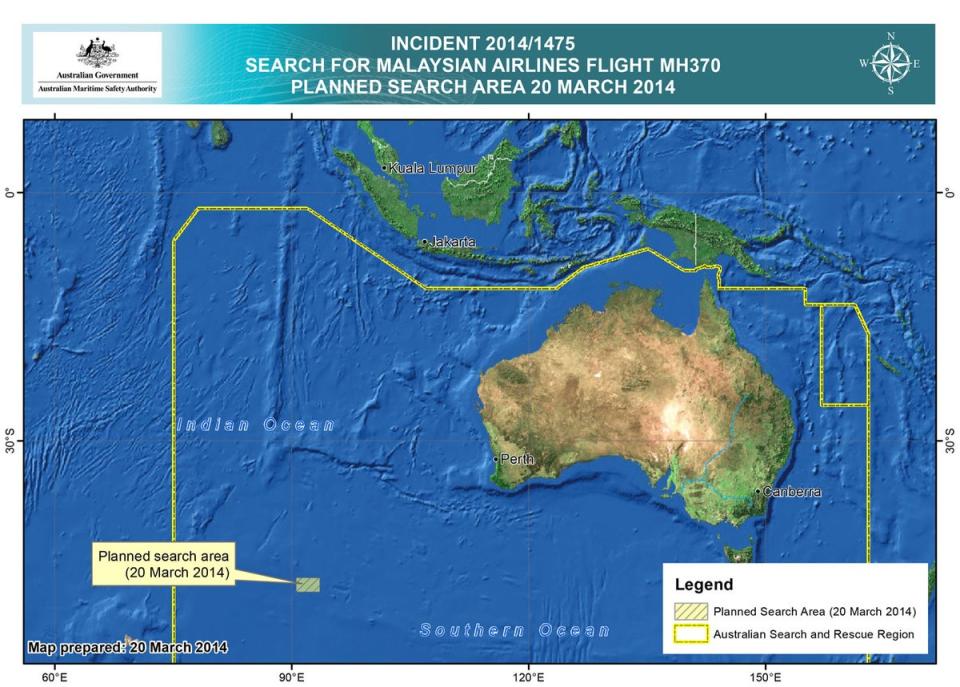 A map of the planned search area for missing Malaysian Airlines Flight MH370 (Getty Images)