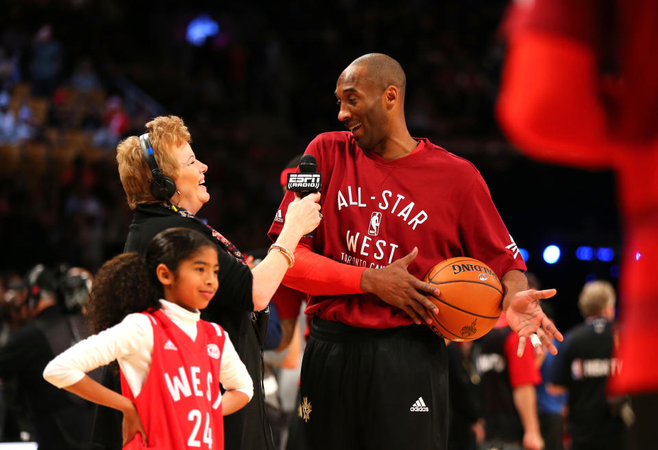 TORONTO, ON - FEBRUARY 14:  Kobe Bryant #24 of the Los Angeles Lakers and the Western Conference warms up with daughter Gianna Bryant during the NBA All-Star Game 2016 at the Air Canada Centre on February 14, 2016 in Toronto, Ontario. NOTE TO USER: User expressly acknowledges and agrees that, by downloading and/or using this Photograph, user is consenting to the terms and conditions of the Getty Images License Agreement.  (Photo by Elsa/Getty Images)