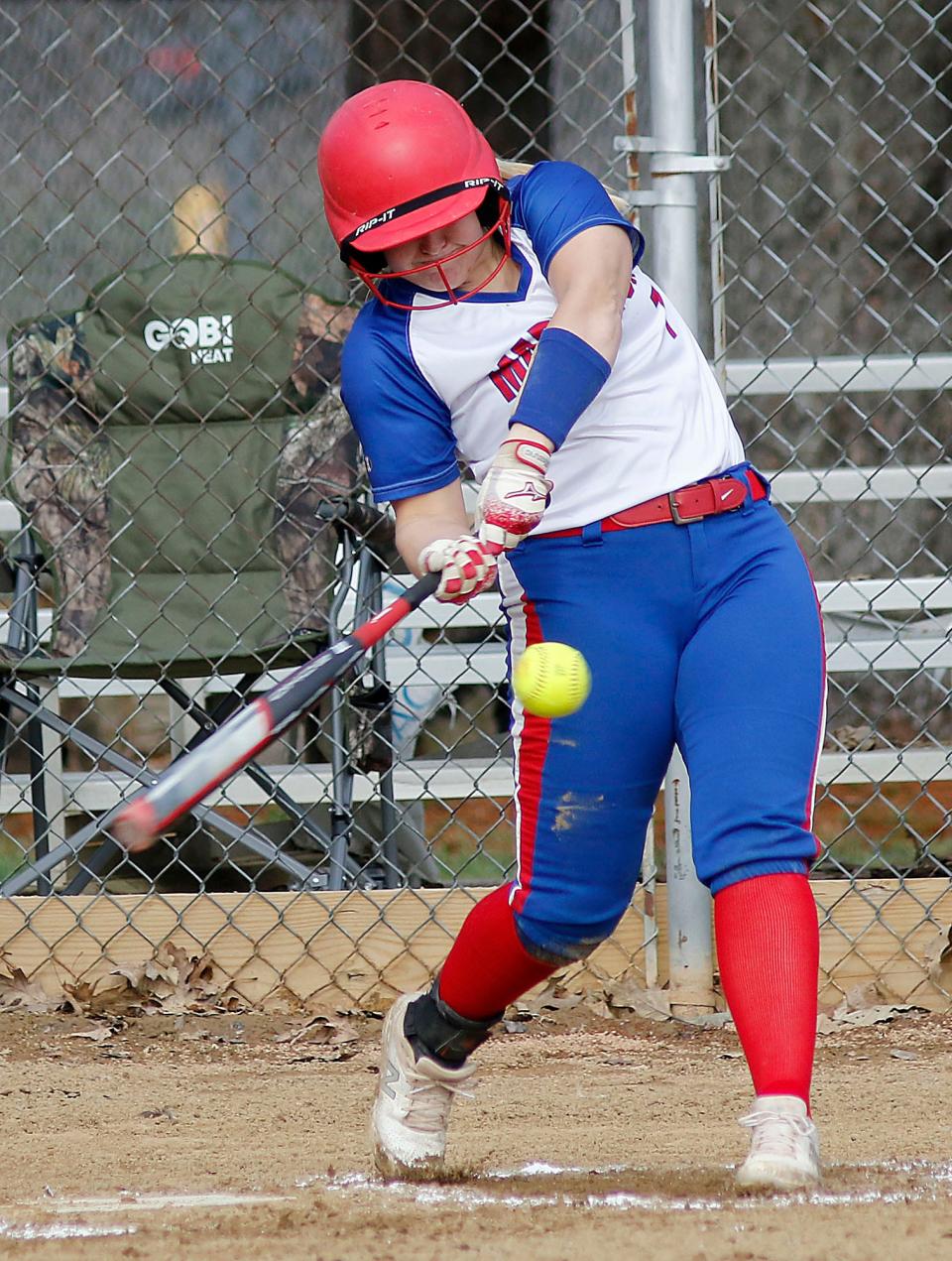 Mapleton High School's Kaylee Haines (7) connects with a pitch against Monroeville High School during high school softball action Tuesday, April 12, 2022 at Mapleton High School. TOM E. PUSKAR/TIMES-GAZETTE.COM