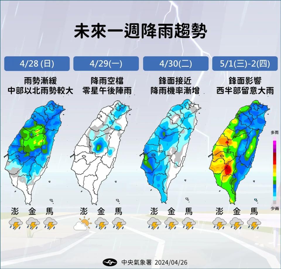 下週末前，僅有29日有較長放晴無雨的空檔。（氣象署提供）