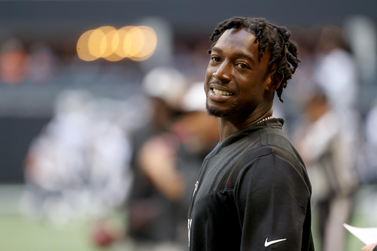 Aug 13, 2021; Atlanta, Georgia, USA; Atlanta Falcons wide receiver Calvin Ridley (18) shown before their game against the Tennessee Titans at Mercedes-Benz Stadium. Mandatory Credit: Jason Getz-USA TODAY Sports