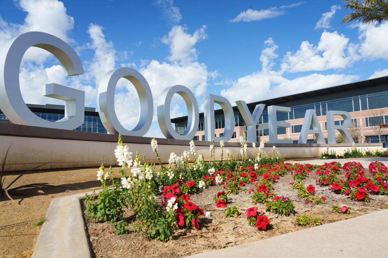 A Goodyear sign stands near Goodyear civic square on Feb. 19, 2023.