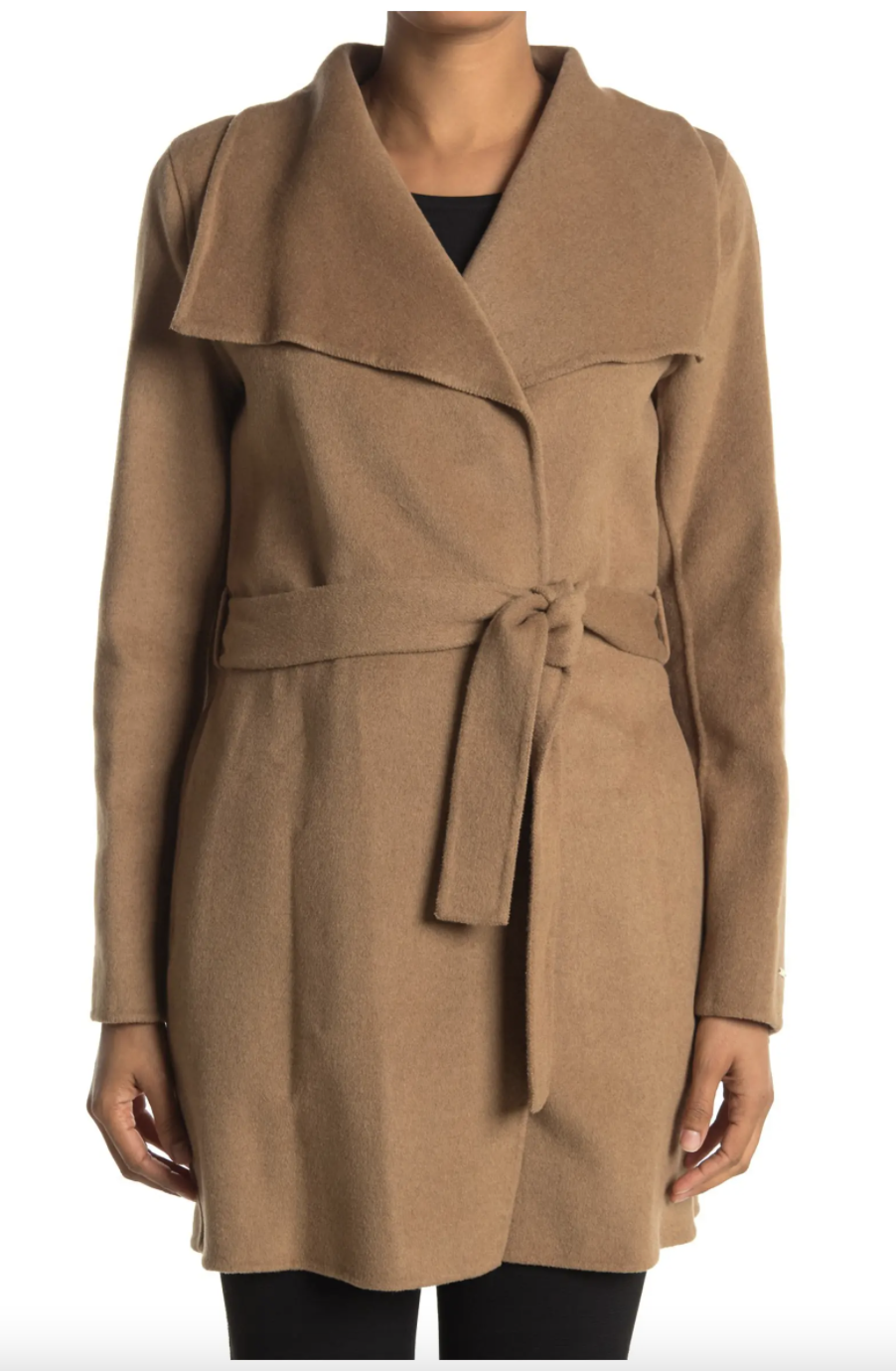 model standing in dark beige belted Tahari Ella Wing Collar Tie Waist Wool Blend Coat