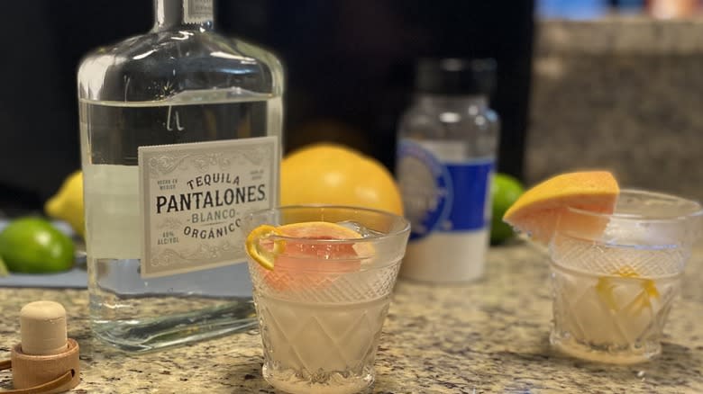 Tequila paloma cocktails on counter