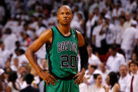 MIAMI, FL - MAY 30: Ray Allen #20 of the Boston Celtics looks on late in overtime against the Miami Heat in Game Two of the Eastern Conference Finals in the 2012 NBA Playoffs on May 30, 2012 at American Airlines Arena in Miami, Florida. NOTE TO USER: User expressly acknowledges and agrees that, by downloading and or using this photograph, User is consenting to the terms and conditions of the Getty Images License Agreement. (Photo by Mike Ehrmann/Getty Images)