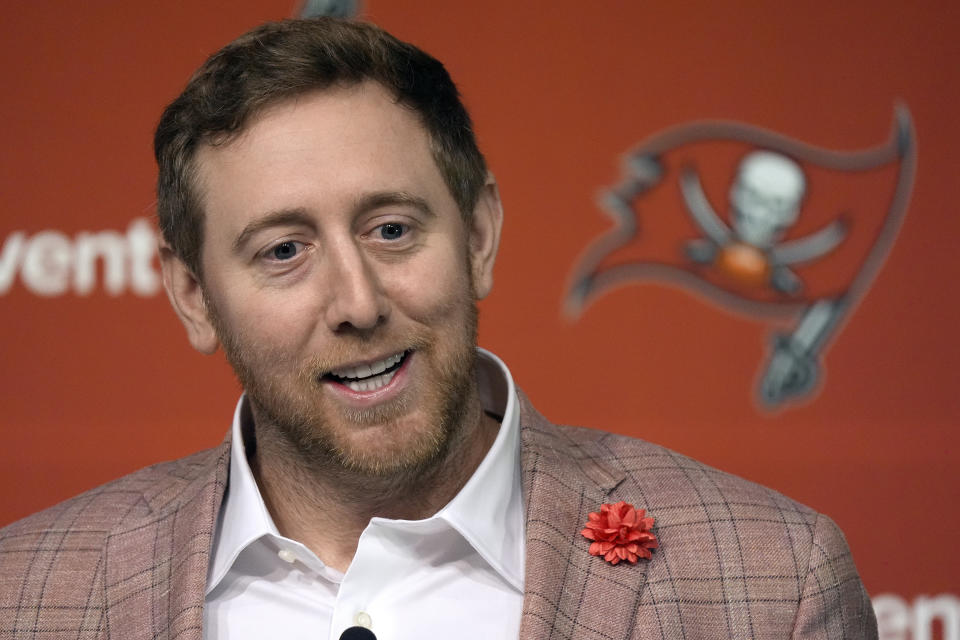 New Tampa Bay Buccaneers offensive coordinator Liam Coen speaks to the media during an NFL football news conference Tuesday, Feb. 6, 2024, in Tampa, Fla. Coen was previously at the University of Kentucky and the Los Angeles Rams. (AP Photo/Chris O'Meara)