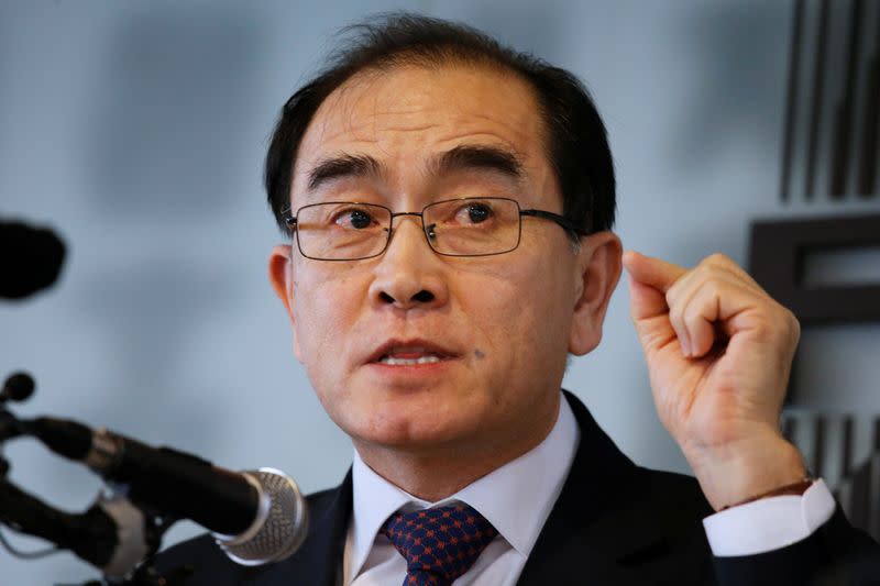 Thae Yong Ho, North Korea's former deputy ambassador to Britain, speaks during a news conference, ahead of the country's general election in April, in Seoul