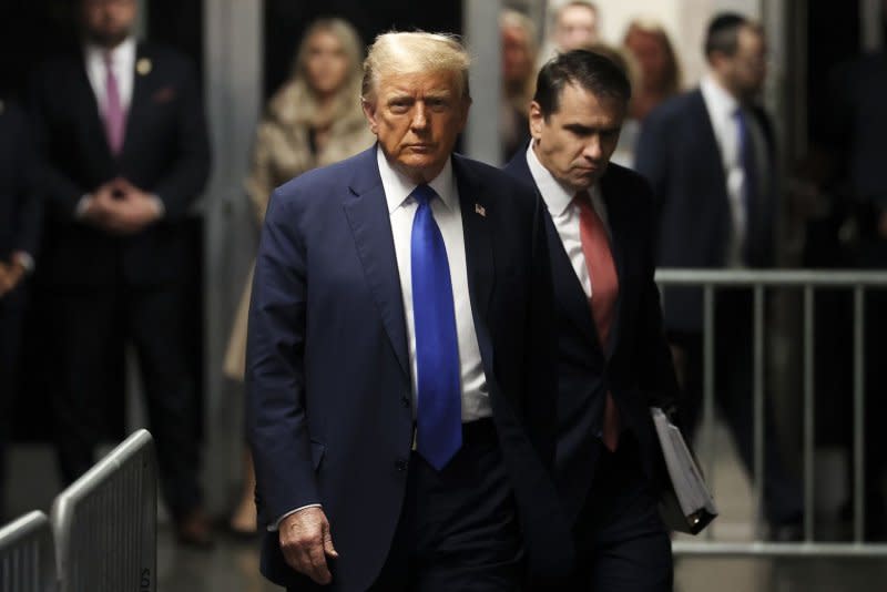 Former President Donald Trump arrives for his criminal trial at Manhattan Criminal Court in New York on Monday. Pool photo by Yuki Iwamura/UPI