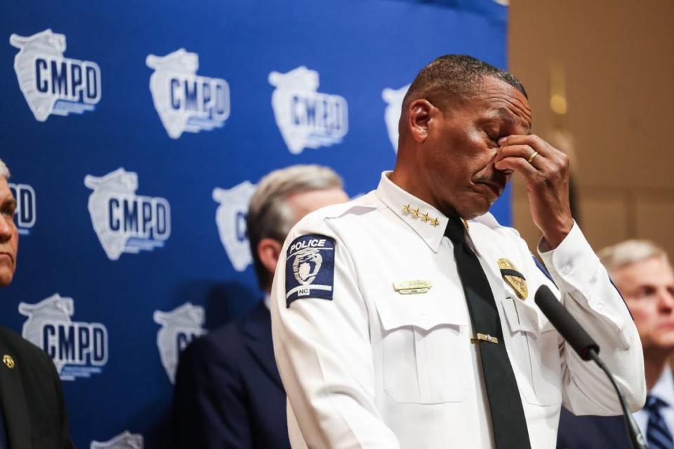 Charlotte Mecklenburg Police Chief Johnny Jennings holds back his emotion while giving an update on the shooting during a press conference in Charlotte, NC on Tuesday, April 30, 2024. On Monday afternoon, April 29, four officers killed and four wounded while serving a warrant to the suspect in east Charlotte