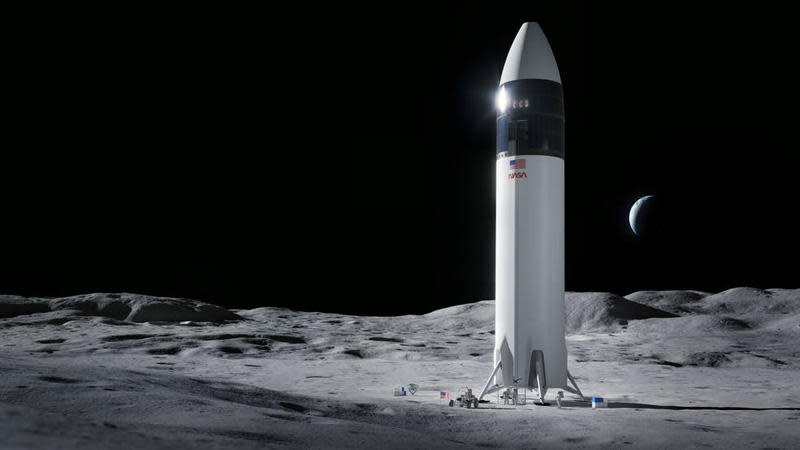 An artist's impression of a SpaceX Starship lander on the surface of the moon. / Credit: NASA