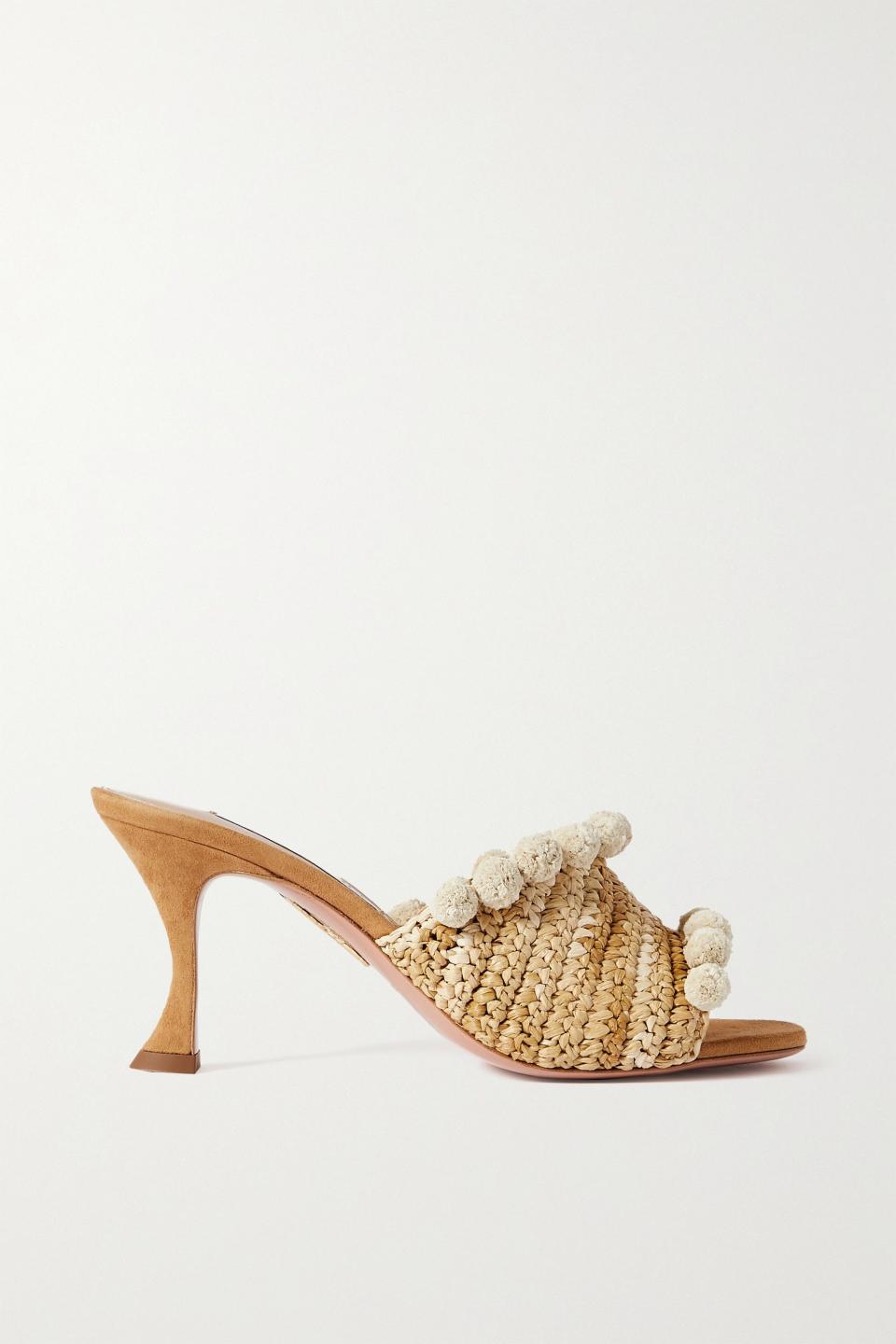 Pompom-embellished woven raffia mules