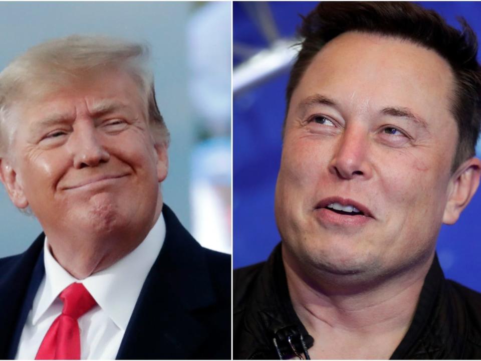 Former President Donald Trump smiles, left. Tesla CEO Elon Musk, right.