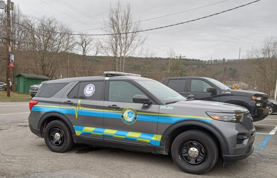 Pennsylvania Ambulance, contracted to serve Paupack and Palmyra townships and Hawley, is stationed outside Hawley Borough Hall awaiting the next emergency medical dispatch for someone calling 911.