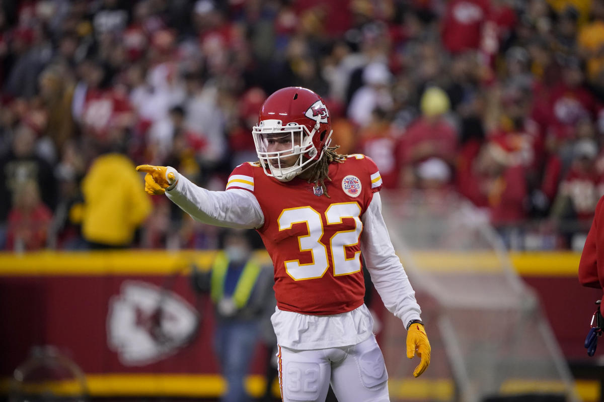 Kansas City Chiefs strong safety Tyrann Mathieu (32) wore a helmet with  Alton Sterling's name on the back during an NFL football game against the  New England Patriots, Monday, Oct. 5, 2020