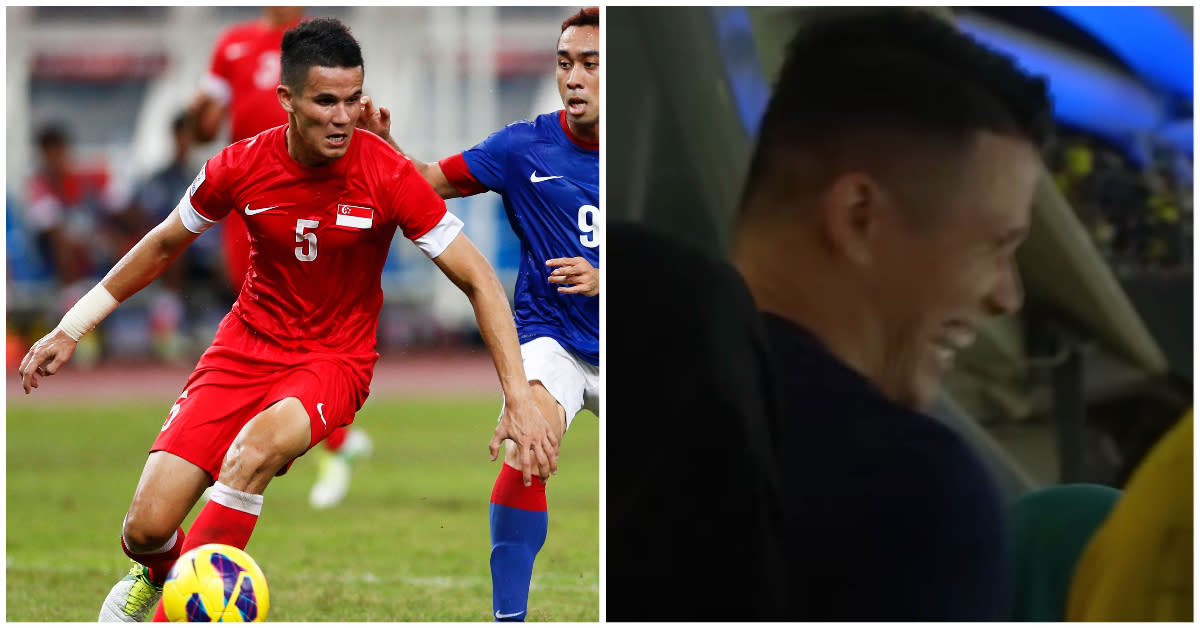 Former Singapore national defender Baihakki Khaizan (left) has apologised after TV footages caught him laughing (right) moments after Singapore lost to Malaysia in the AFF Cup. (PHOTO: Reuters/YouTube)