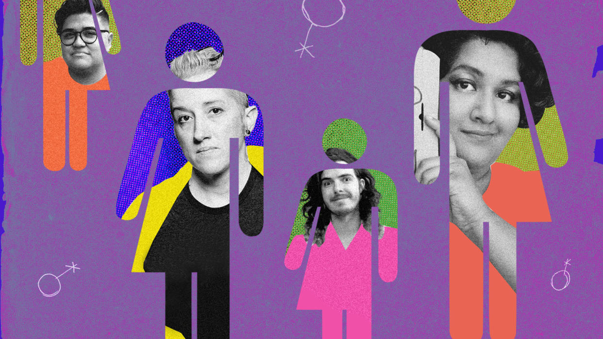 Folks like, from left, Noemi Uribe, Amanda “Mandy” Ralston, Jos O’shea and Janani Vaidya are opening up about what it's really like to identify as nonbinary. (Illustration by Aisha Yousaf / Getty Images)