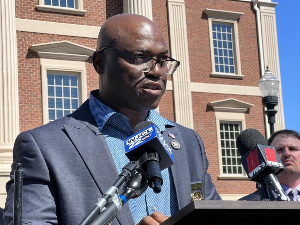 Liberty County Sheriff William Bowman speaks at a news conference on Tuesday, May 10, 2022, regarding an incident where deputies pulled over the Delaware State lacrosse team charter bus. The HBCU said they would be seeking legal action against the sheriff's office for their actions.
