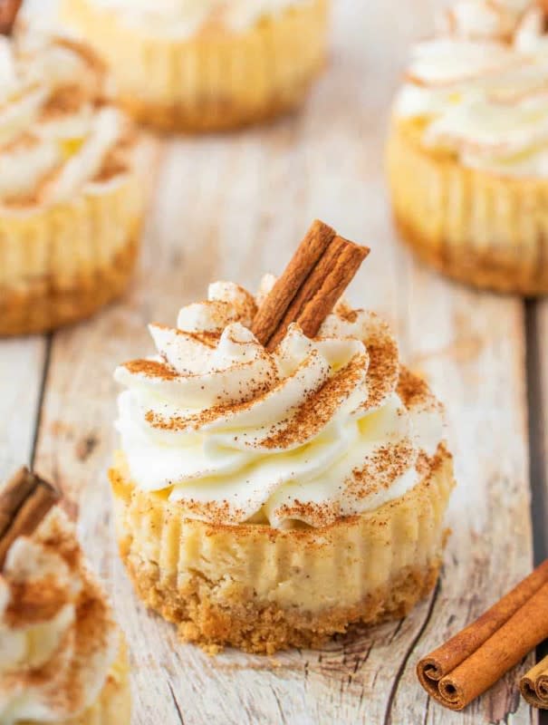 <p>The Country Cook</p><p>The holidays' most festive drink infused into a creamy cheesecake bite.</p><p><strong>Get the recipe: <a href="https://www.thecountrycook.net/egg-nog-mini-cheesecakes/" rel="nofollow noopener" target="_blank" data-ylk="slk:Egg Nog Mini Cheesecakes;elm:context_link;itc:0;sec:content-canvas" class="link ">Egg Nog Mini Cheesecakes</a></strong></p>