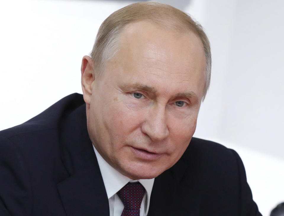 Russian President Vladimir Putin speaks during a meeting with Franch delegation in Simferopol, Crimea, Monday, March 18, 2019. Putin visited Crimea to mark the fifth anniversary of Russia's annexation of Crimea from Ukraine by visiting the Black Sea peninsula. (Mikhail Klimentyev, Sputnik, Kremlin Pool Photo via AP)