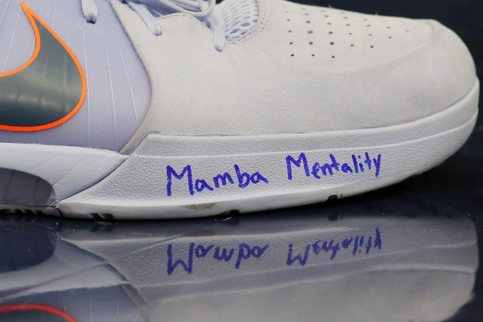 Jaxson Hayes of the New Orleans Pelicans wears sneakers dedicated to Kobe Bryant during a game against the Boston Celtics on Jan. 26.