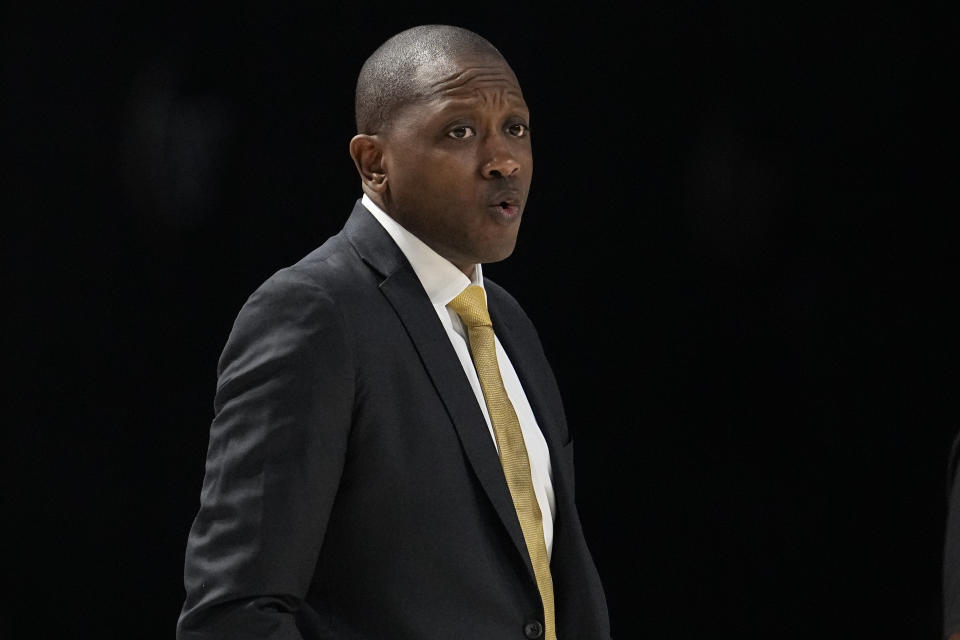 Missouri head coach Dennis Gates looks onto the court during the first half of an NCAA college basketball game against Vanderbilt, Saturday, Feb. 3, 2024, in Nashville, Tenn. (AP Photo/George Walker IV)