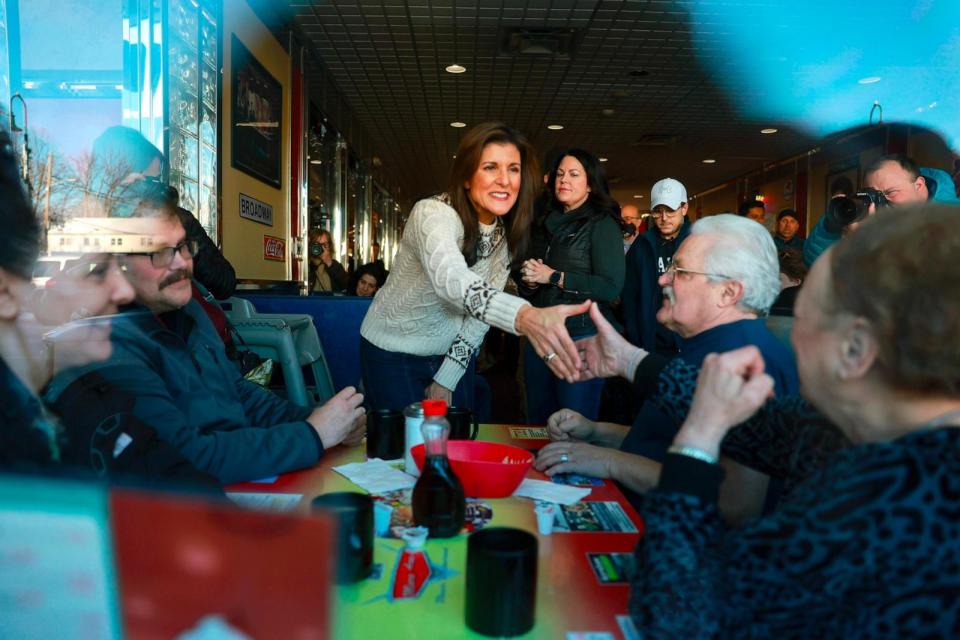 PHOTO: Republican presidential candidate, former U.N. Ambassador Nikki Haley, makes a campaign stop to greet people at MaryAnn's diner on Jan. 21, 2024, in Derry, New Hampshire.  (Joe Raedle/Getty Images)