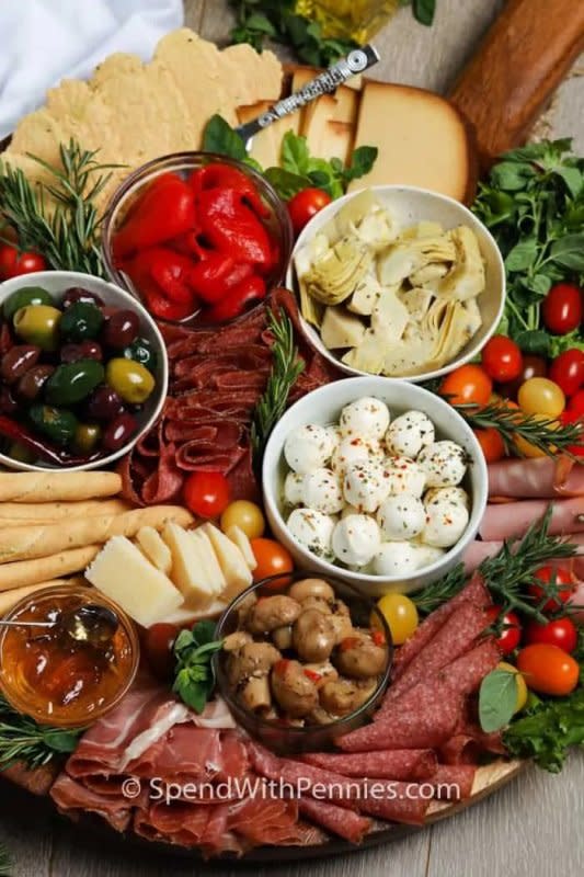 <p>Spend With Pennies</p><p>The ultimate Italian spread, use this as a starting point and add your favorites.</p><p><strong>Get the recipe: <a href="https://www.spendwithpennies.com/antipasto-platter/" rel="nofollow noopener" target="_blank" data-ylk="slk:Antipasto Platter;elm:context_link;itc:0;sec:content-canvas" class="link rapid-noclick-resp">Antipasto Platter</a></strong></p>