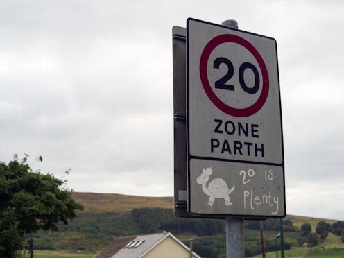<span class="caption">The drop to 20mph in Wales will come into force at midnight on September 17. </span> <span class="attribution"><a class="link " href="https://www.shutterstock.com/image-photo/20-mph-speed-limit-sign-on-1166519551" rel="nofollow noopener" target="_blank" data-ylk="slk:steved_np3/Shutterstock;elm:context_link;itc:0;sec:content-canvas">steved_np3/Shutterstock</a></span>